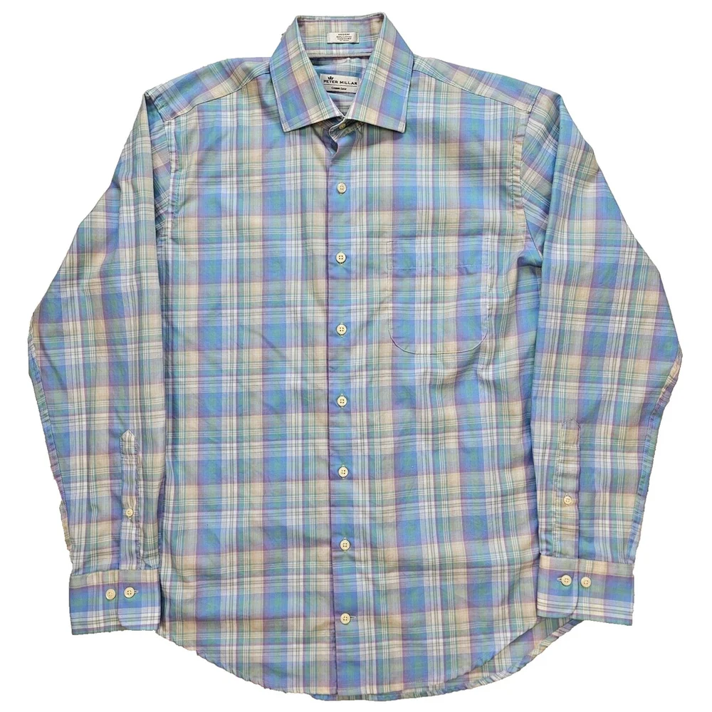 Peter Millar Crown Ease Medium Button Front Shirt Plaid Long Sleeve Blue Pastel - Picture 1 of 16